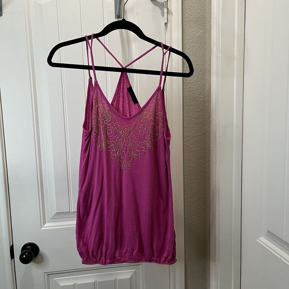 Spoiled Pink Embroidered Beaded Strappy Racerback Tank Top Womens Size S